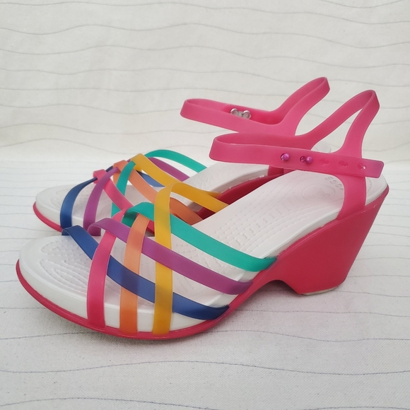 Crocs Womens Straps Pink Multicolor Wedge Heel Sandals Shoes 15392 Size 8 - Picture 2 of 12